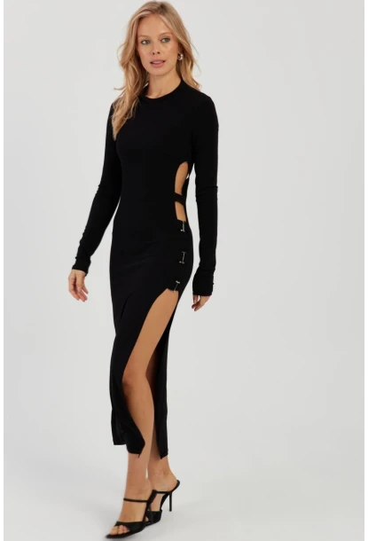 Kadın Siyah Sırtı Açık Yırtmaçlı Maxi Elbise YEL87