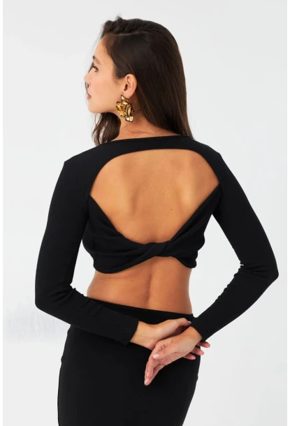 Kadın Siyah Sırtı Çapraz Kaşkorse Crop Bluz EY2975