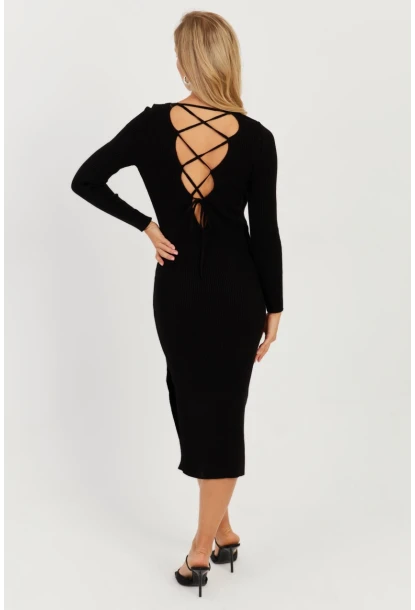Kadın Siyah Sırtı Çapraz Triko Midi Elbise YZ407