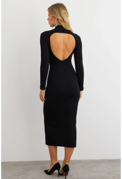 Kadın Siyah Sırtı Dekolteli Boğazlı Midi Elbise EY3012