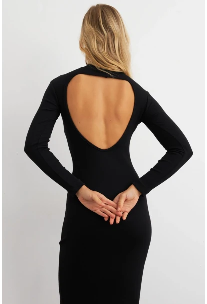 Kadın Siyah Sırtı Dekolteli Boğazlı Midi Elbise EY3012