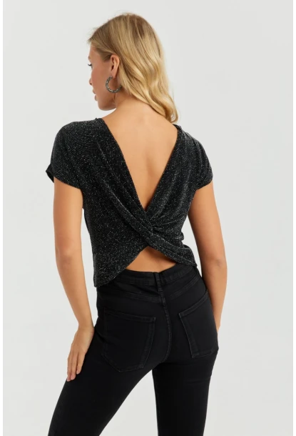 Kadın Siyah Sırtı Dügümlü Simli Bluz LPP1251