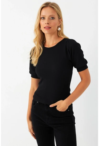 Kadın Siyah Sırtı Fiyonklu Kaşkorse Bluz EY2996