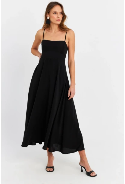 Kadın Siyah Sırtı Gipeli Astarlı Midi Elbise ERL10047