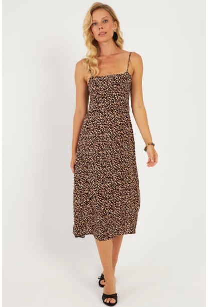 Kadın Siyah Sırtı Gipeli Desenli Midi Elbise MP427