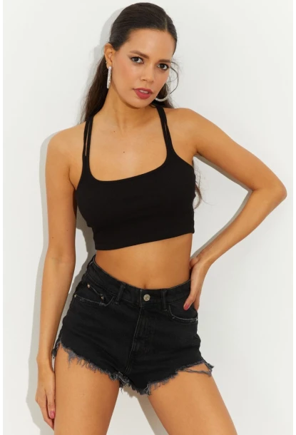 Kadın Siyah Sırtı Halkalı Kaşkorse Crop Bluz B2552