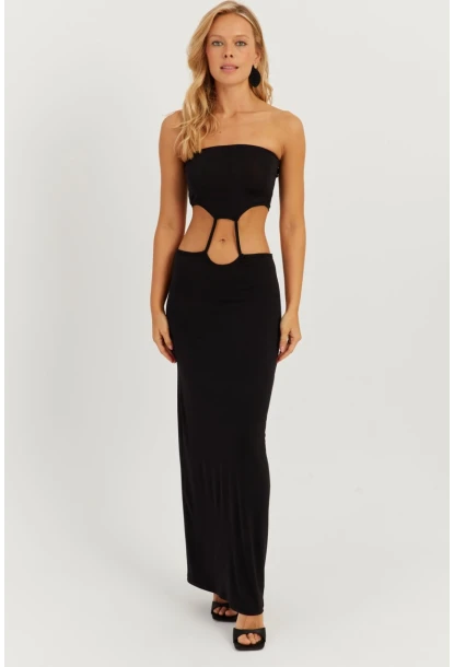 Kadın Siyah Straplez Midi Elbise MEN2037