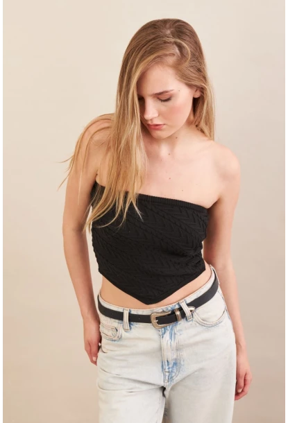 Kadın Siyah Straplez Triko Crop Bluz ZH049