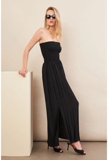 Kadın Siyah Straplez Yaka Midi Elbise MSİ100