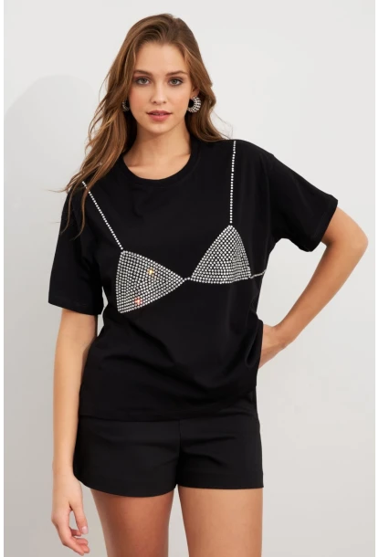 Kadın Siyah Straslı Oversize T-Shirt TPG13