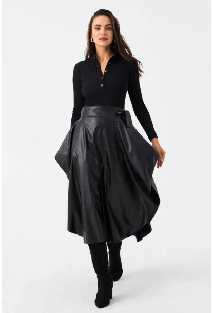Kadın Siyah Suni Deri Asimetrik Etek LV180