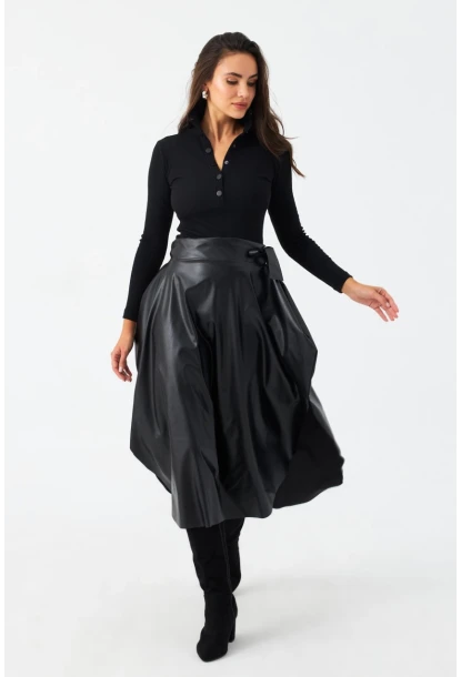 Kadın Siyah Suni Deri Asimetrik Etek MLV180