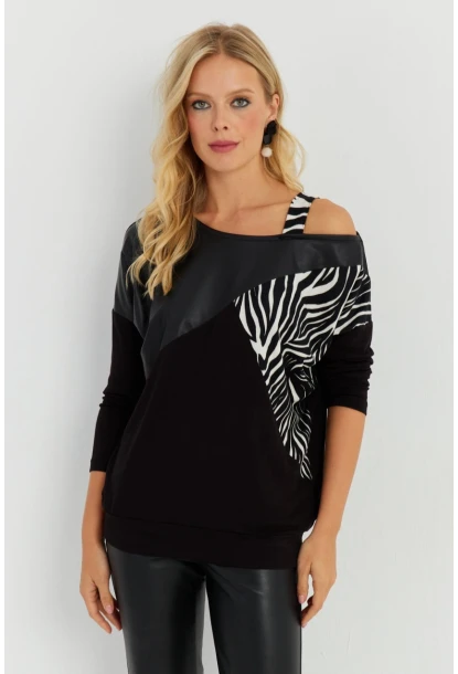 Kadın Siyah Suni Deri Bloklu Bluz ST828