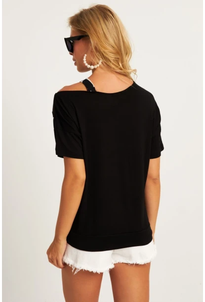 Kadın Siyah Suni Deri Bloklu Bluz ST837