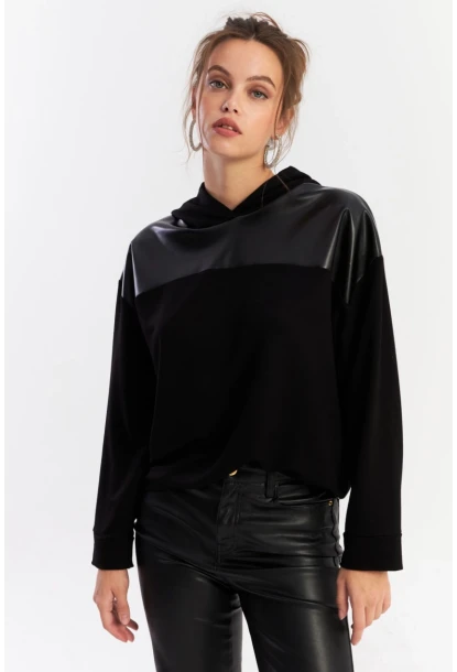 Kadın Siyah Suni Deri Bloklu Kapüşonlu Sweatshirt ST838