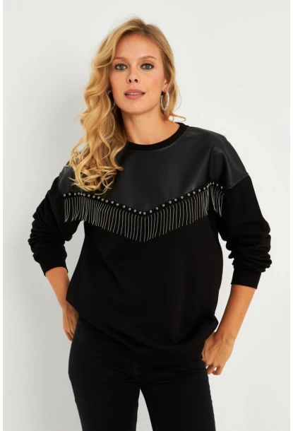Kadın Siyah Suni Deri Bloklu Sweatshirt PKA808
