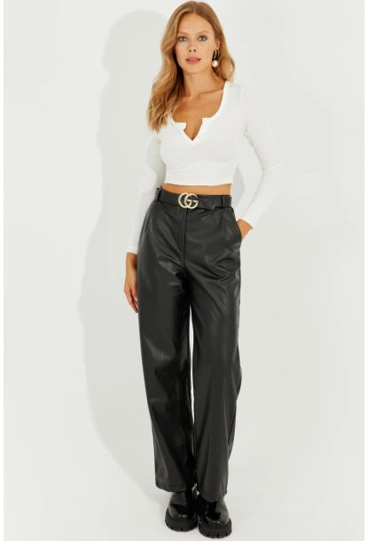 Kadın Siyah Suni Deri Cepli Pantolon RMZ21098