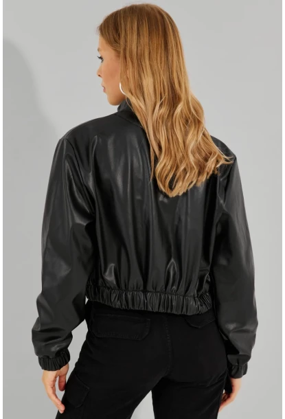 Kadın Siyah Suni Deri Kısa Bomber Ceket LST57