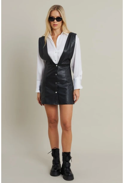 Kadın Siyah Suni Deri Mini Elbise NH796
