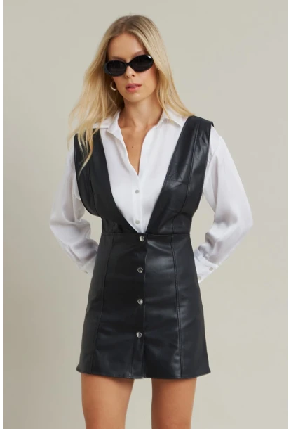 Kadın Siyah Suni Deri Mini Elbise NH796