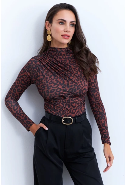 Kadın Siyah-Taba Desenli Büzgülü Bluz LPP1279