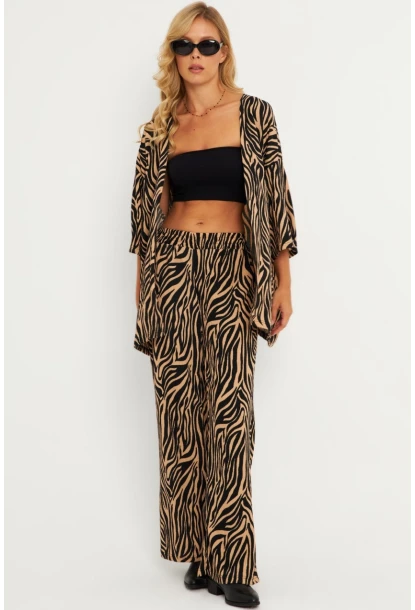 Kadın Siyah -Tarçın Desenli Bürümcük Alt Üst  Takım LON3004