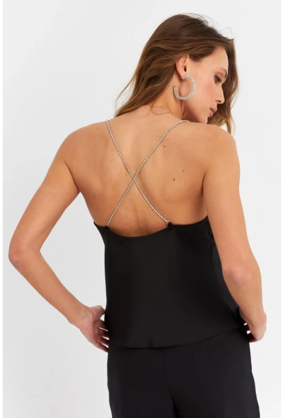 Kadın Siyah Taş Askılı Bluz ELT1056