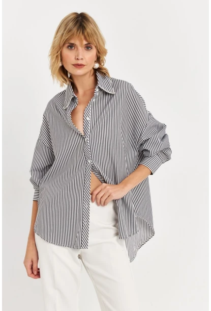 Kadın Siyah Taş Detaylı Çizgili Gömlek KED4088