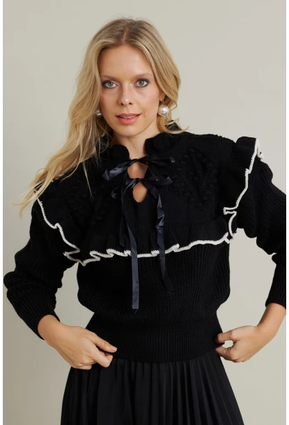 Kadın Siyah-Taş Fırfırlı Triko Bluz MQS1018