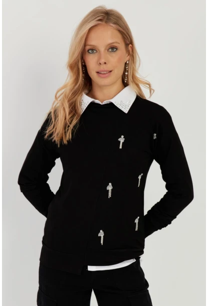 Kadın Siyah Taşlı Bluz ST6024