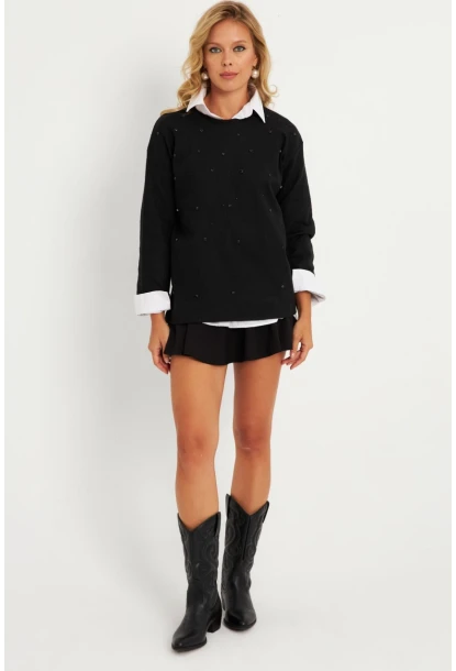 Kadın Siyah Taşlı Bluz YLE41