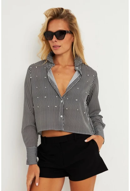 Kadın Siyah Taşlı Çizgili Kısa Gömlek ZER407