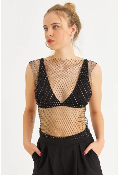 Kadın Siyah Taşlı File Bluz YEL221465