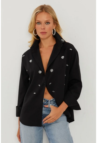 Kadın Siyah Taşlı Gömlek SF2550
