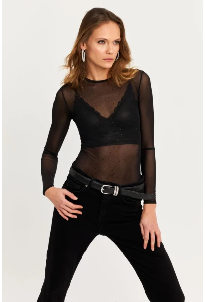 Kadın Siyah Taşlı Tül Body KED2116