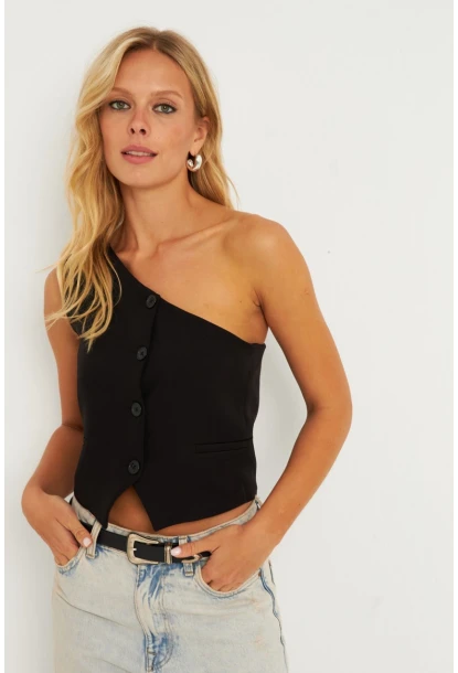 Kadın Siyah Tek Omuz Astarlı Yelek TW60140