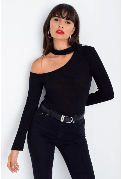 Kadın Siyah Tek Omuz Kaşkorse Bluz CG53