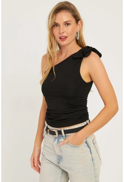 Kadın Siyah Tek Omuz Bluz  EY2756