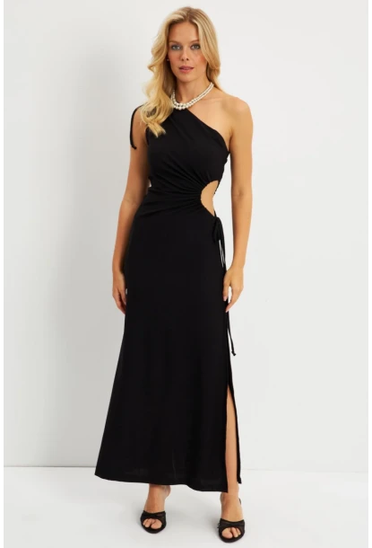 Kadın Siyah Tek Omuz Bürümcük Midi Elbise EY2786