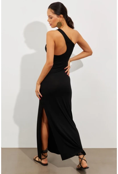 Kadın Siyah Tek Omuz Yırtmaçlı Maxi Elbise EY2498