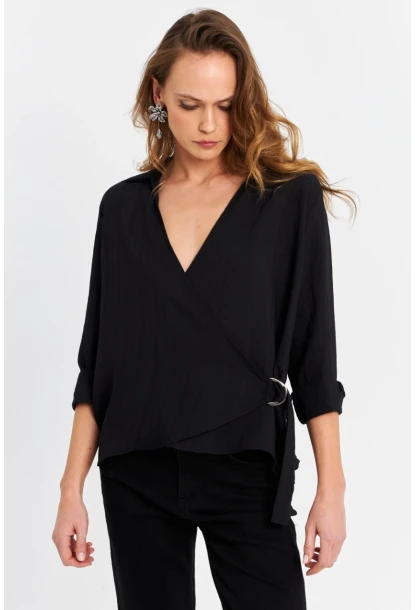 Kadın Siyah Tokalı Kruvaze Gömlek MRS15744