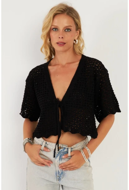 Kadın Siyah Triko Ajurlu Hırka YV255