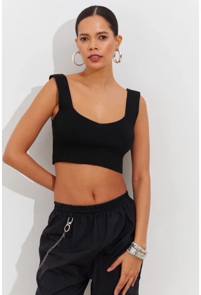 Kadın Siyah Triko Crop Atlet YV118