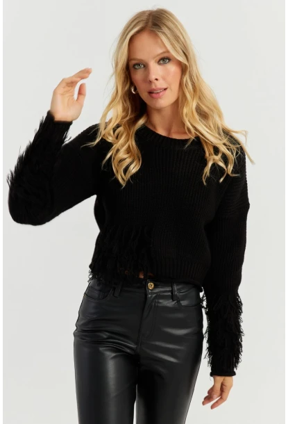 Kadın Siyah Triko Kısa Kazak YZ526