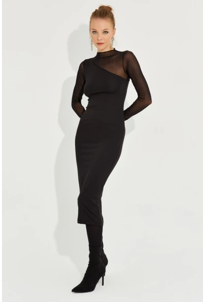 Kadın Siyah Tül Detaylı Asimetrik Midi Elbise EY2601