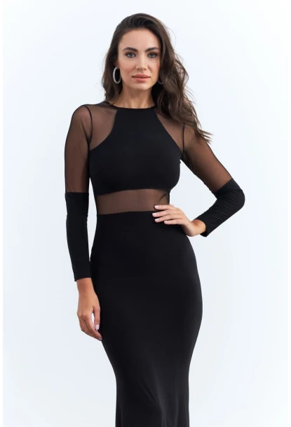 Kadın Siyah Tül Detaylı Midi Elbise ELT3834