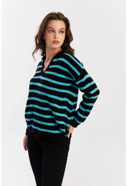 Kadın Siyah-Turkuaz Polo Yaka Çizgili Triko Kazak SE01