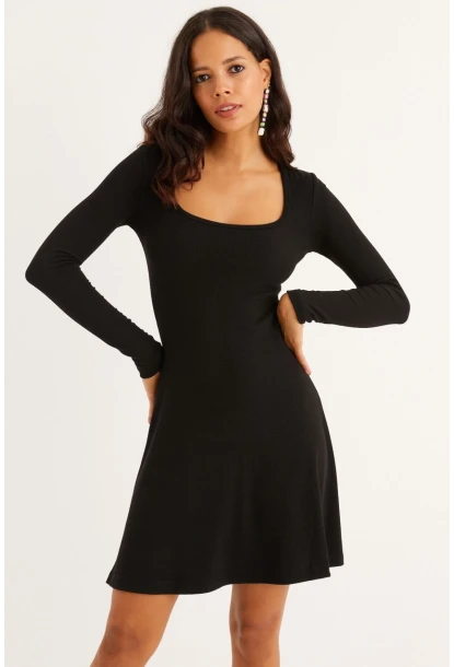 Kadın Siyah U Yaka Kaşkorse Mini Elbise EY1308