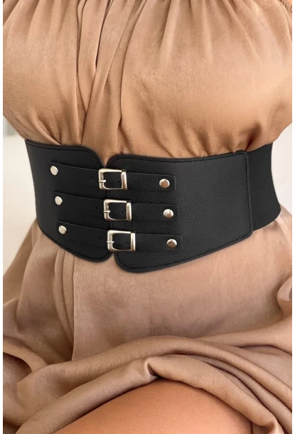 Kadın Siyah Üç Tokalı Lastikli Korse Kemer BE642