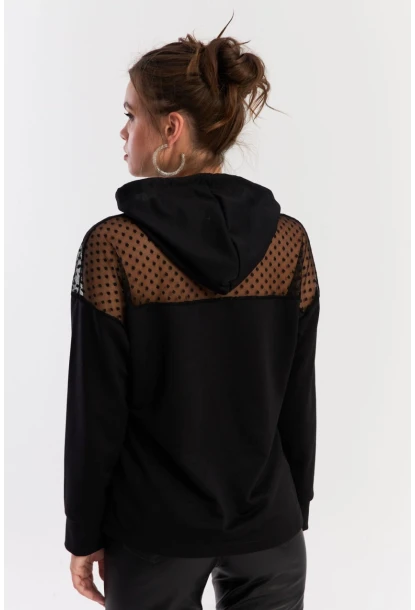 Kadın Siyah Üstü Tül Kapüşonlu Sweatshirt EY2934